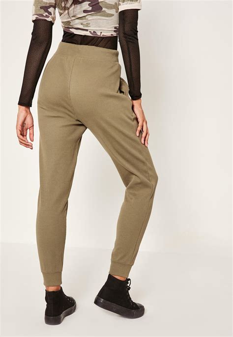 Missguided Khaki Ribbed Tie Front Joggers Lyst