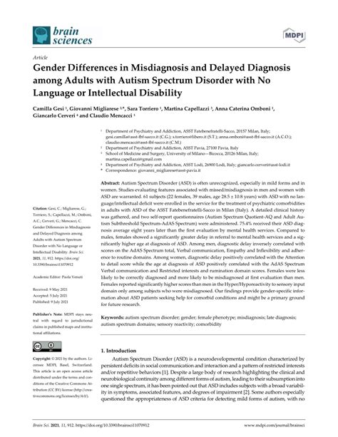 Pdf Gender Differences In Misdiagnosis And Delayed Diagnosis Among Adults With Autism Spectrum