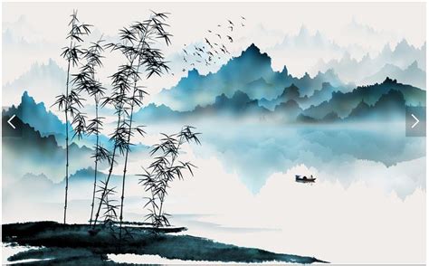 Custom Chinese Painting Wallpaper Mountain And Water Boat Bamboo Ink
