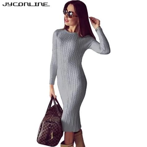 Jyconline Winter Bodycon Knitted Dress Women Sweater Dress Long Sleeve Midi Dress Sexy Split