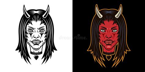 Devil Girl Head With Horns In Two Styles Black On White And Colorful On