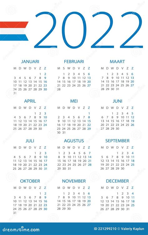 Kalender 2022 Illustratie Nederlandse Versie Week Begint Op Maandag