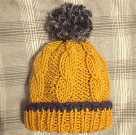 Super Chunky Yellow Cable Knit Bobble Hat For Women Knit In The Round
