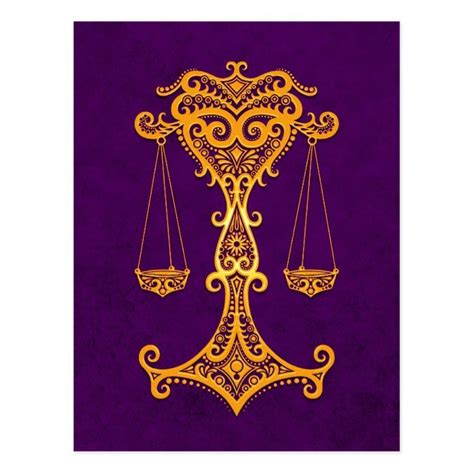 Intricate Yellow Libra Zodiac On Purple Postcard In 2021