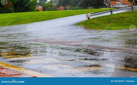 Road Rain Water Drops Background With Blue Sky Reflection And Circles