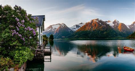 Spring Sunrise Fjord Norway Mountain House Flowers
