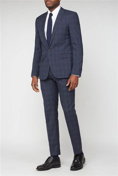 Ben Sherman Mens Blue Overcheck Slim Trouser Suit Direct