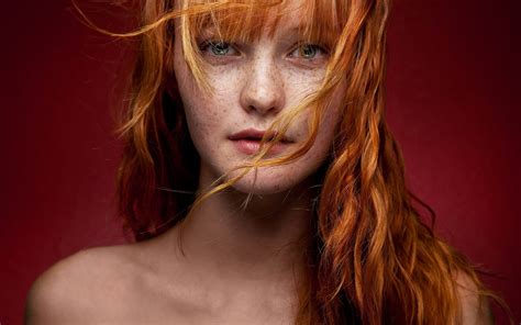 women redhead face freckles kacy anne hill green eyes bare shoulders hair in face hd wallpaper