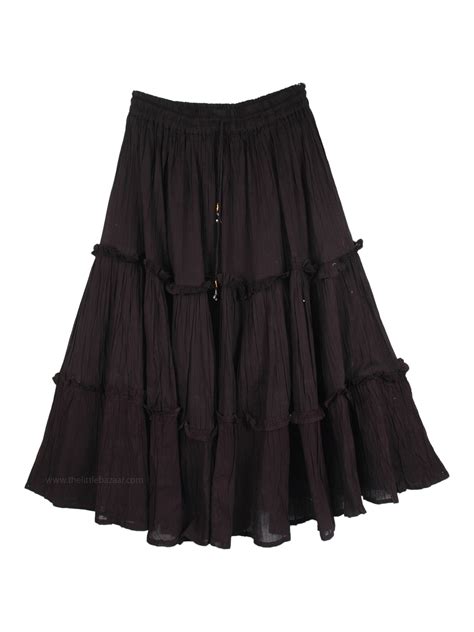 Tiered Cotton Black Midi Length Summer Skirt