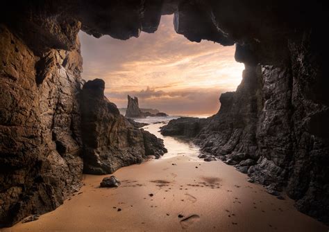 2048x1451 Beach Cave Australia Sand Rock Sea Sunset Clouds Nature