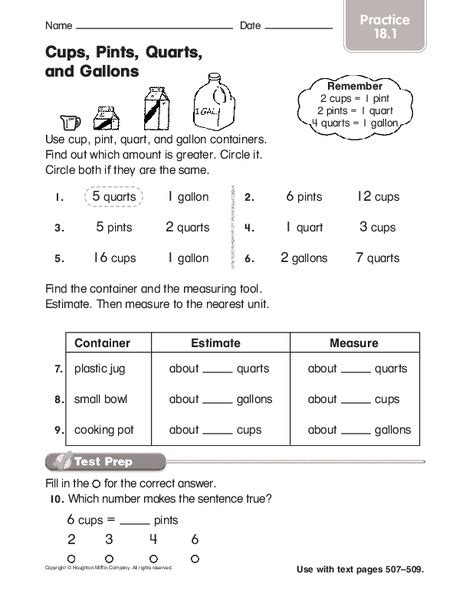 Cups Pints Quarts And Gallons Worksheet For 3rd 4th Grade Lesson