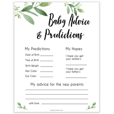 New Baby Advice And Predictions Card Botanical Baby Shower Games