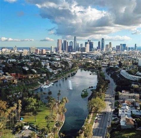 Aerial Shot Of Echo Park And The Downtown Los Angeles