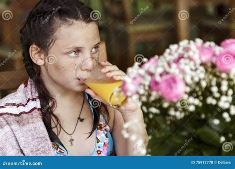 Baby Girl Drinks Juice In A Cafe Stock Photo Image Of Childhood Baby