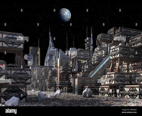 3d Illustration Of A Colony On The Moon With Skyscrapers And Industrial