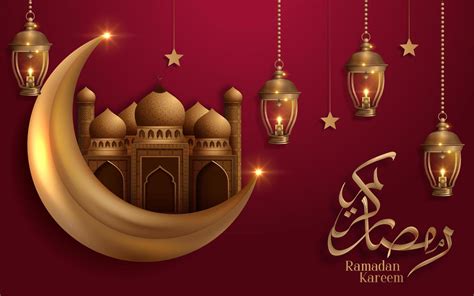 Ramadan Kareem Golden Moon And Mosque On Red Design 999448 Vector Art
