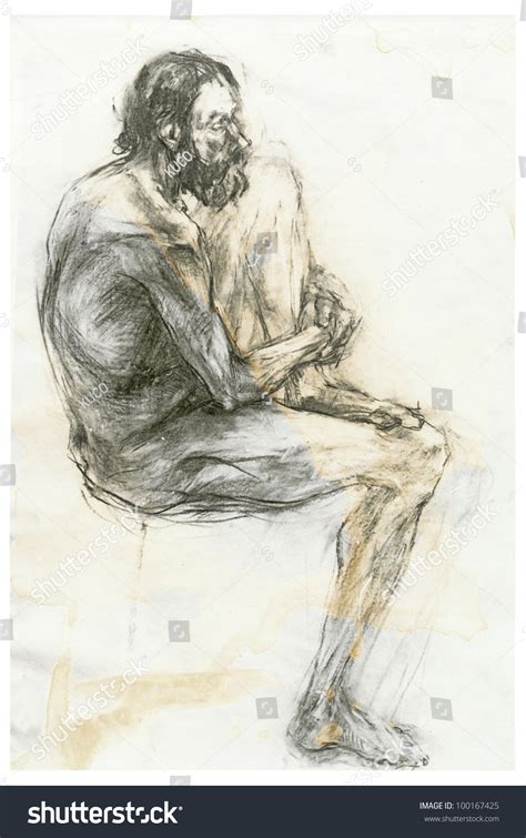 Charcoal Drawing Sitting Model Naked Old Man Gender Not Shown On The Subject Of