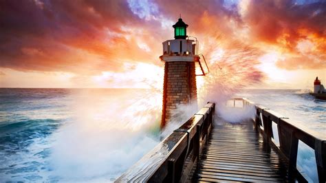 Desktop Wallpaper Lighthouse Sunset Beach Wooden Bridge Hd Image
