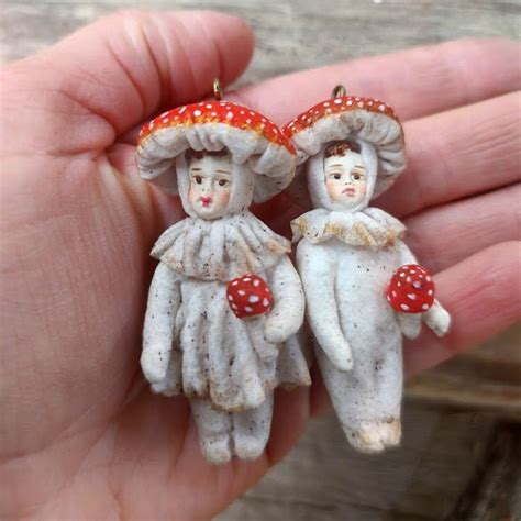 Set Of Two Mini Spun Cotton Mushroom Sculpture Christmas Decoration