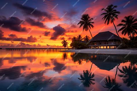 Premium Ai Image Stunning Maldives Sunset With Overwater Bungalows