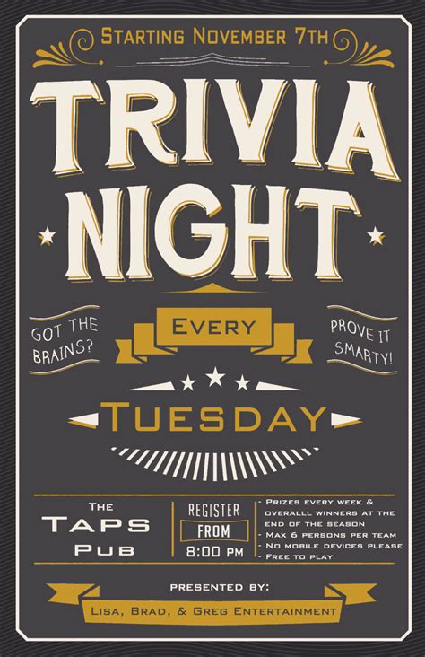 This trivia for kids are fun for kids at heart, too, so feel free to mix these at any time you are having a little movie trivia showdown!. First QUIZ NIGHT of the season — The Golden Taps