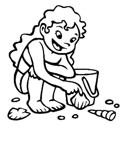 This Little Girl Collecting Seashells From The Beach Sand Coloring Page