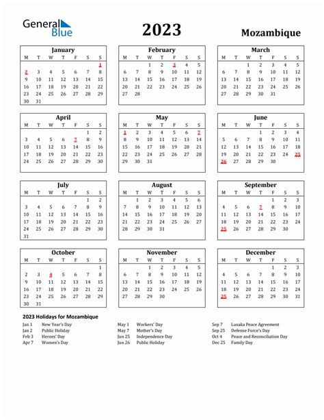 Free Printable 2023 Mozambique Holiday Calendar