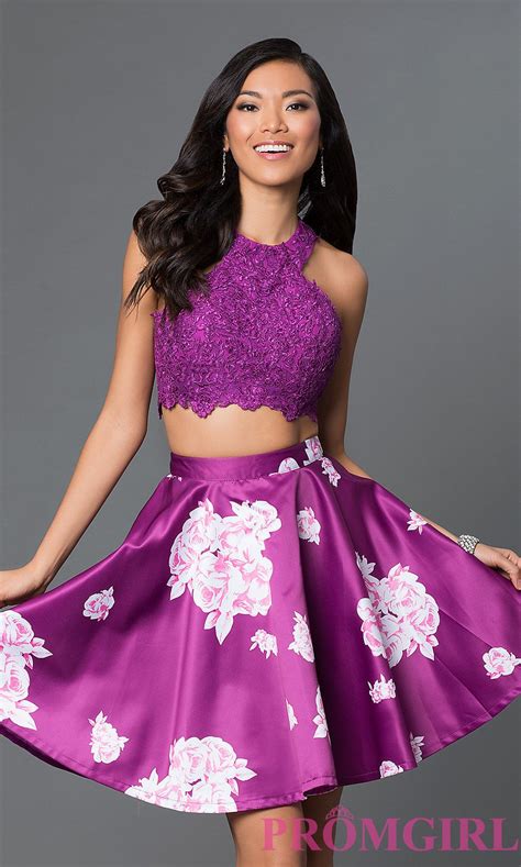 Two Piece Purple Floral Print Short Homecoming Dress Printed Short Dresses Homecoming Dresses