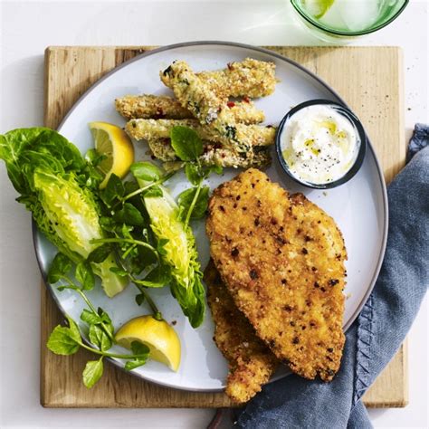 In the summer months i pair it with fresh veggies or cut it into strips on a salad, and in the winter it's great with corn and mashed potatoes! Chicken Schnitzel with Parmesan and Sesame Seed Zucchini ...