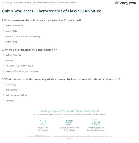 Apr 25, 2020 · we're on hand to help you out with some seriously tough 2000s music quiz.from rihanna to kings of leon, every base will be covered in this quiz, which also contains answers. Quiz & Worksheet - Characteristics of Classic Blues Music ...