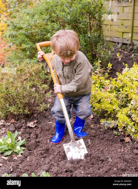Two Year Old Boy Digging In The Garden Sussex Uk Stock Photo Alamy
