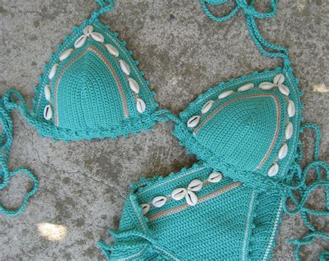Ganchillo Bikini Turquesa Con Conchas Cowrie Ganchillo Beachwear Del
