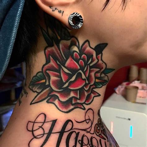 Old School Rose Tattoo On The Right Side Of The Neck Traditional
