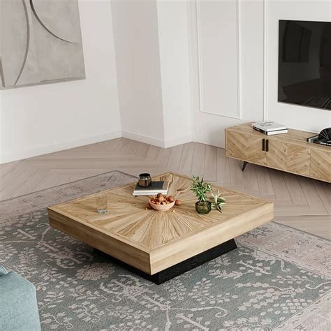 Modern Square Coffee Table With Wooden Top Black And Natural