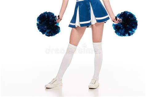 view of cheerleader girl in blue skirt with pompoms on white stock image image of uniform