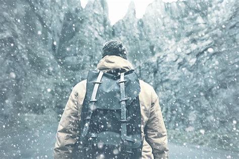 Man Jacket Backpack Winter Snow Cold Ice Frost Adventure