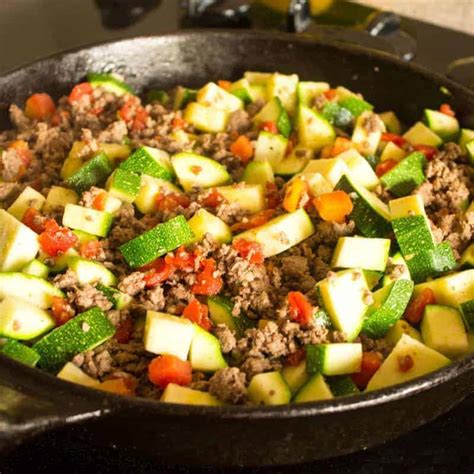 288 calories, 3g fat (1g saturated fat), 63mg cholesterol, 657mg sodium, 28g carbohydrate (8g sugars, 7g fiber), 30g protein. Mexican Zucchini and Beef Skillet | Low Carb Yum