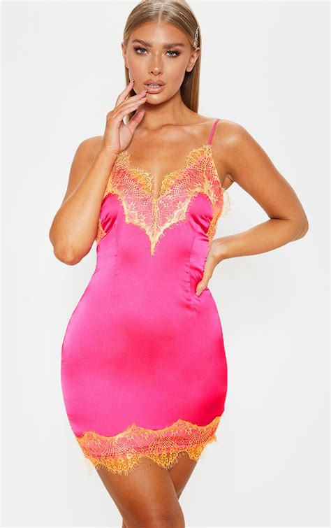 Hot Pink Satin Lace Trim Bodycon Dress Prettylittlething