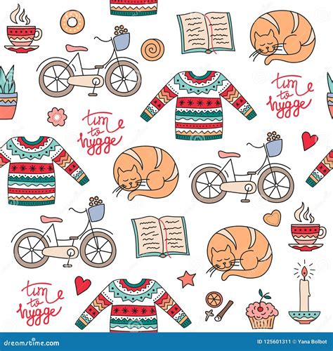 Hand Drawn Seamless Pattern With Hygge Elements Stock Vector