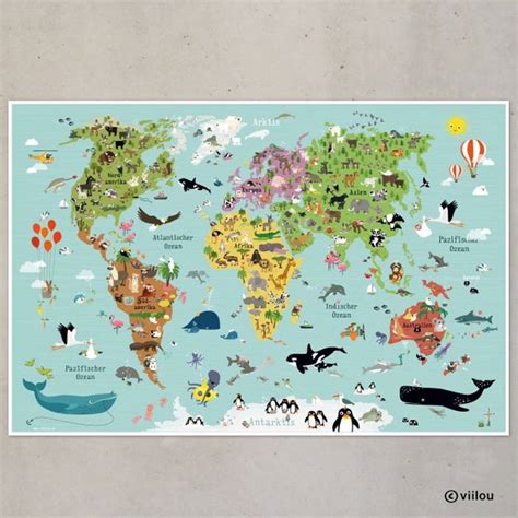World Map Children Poster Nursery Decor Kids Prints World Maps Animals