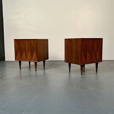 Pair of Danish Mid-Century Modern Style Geometric Nightstands, Walnut