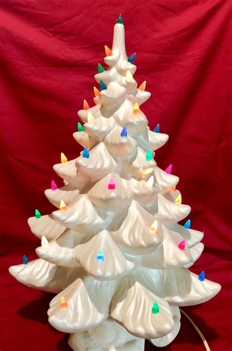 Large Vintage Lighted White Ceramic Christmas Tree With Music Box