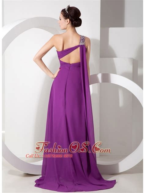 Purple Empire One Shoulder Chiffon Prom Dress Beading And Ruch 10085