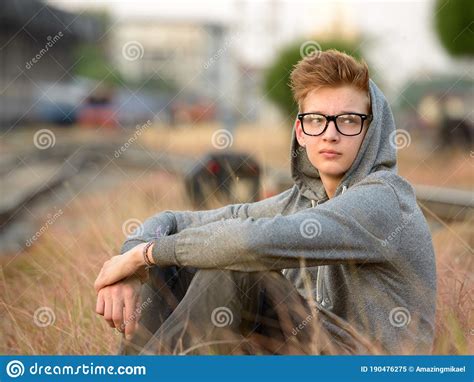 Young Handsome Teenage Boy At The Railway Train Station Stock Image