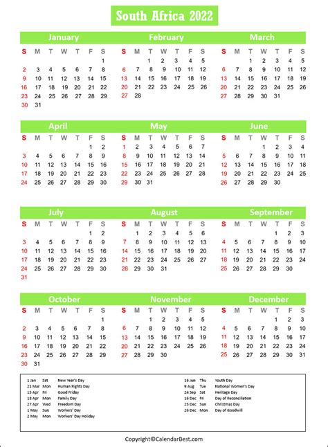 Free Printable South Africa Calendar 2022 With Holidays