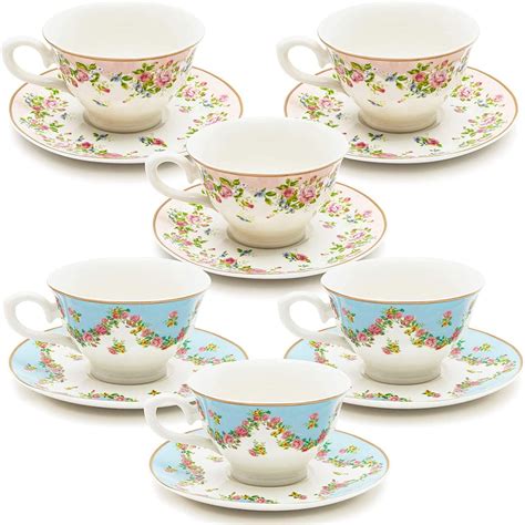 Floral 8 Oz Tea Cups And Saucers Set Of 12 For Tea Party Supplies