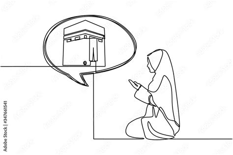Continuous Line Drawing Of Muslim Woman Praying For Allah Facing The