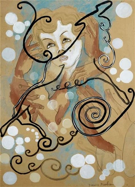 A Painting With Swirly Lines On It And A Womans Face In The Center