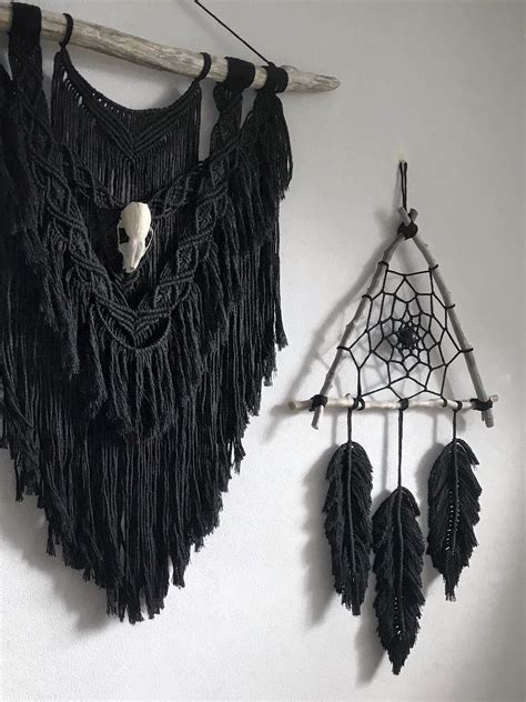 Set Of 2 Black Macrame Wall Hanging With Skull Dreamcatcher Etsy