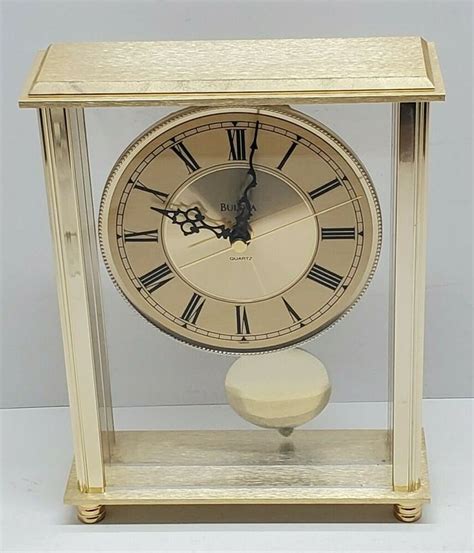 Bulova Brass And Glass Quartz Shelf Mantle Clock W Pendulum Battery Operated Gold Bulova